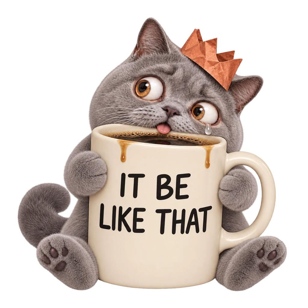 Bug-eyed cat peeking over an enormous therapy mug