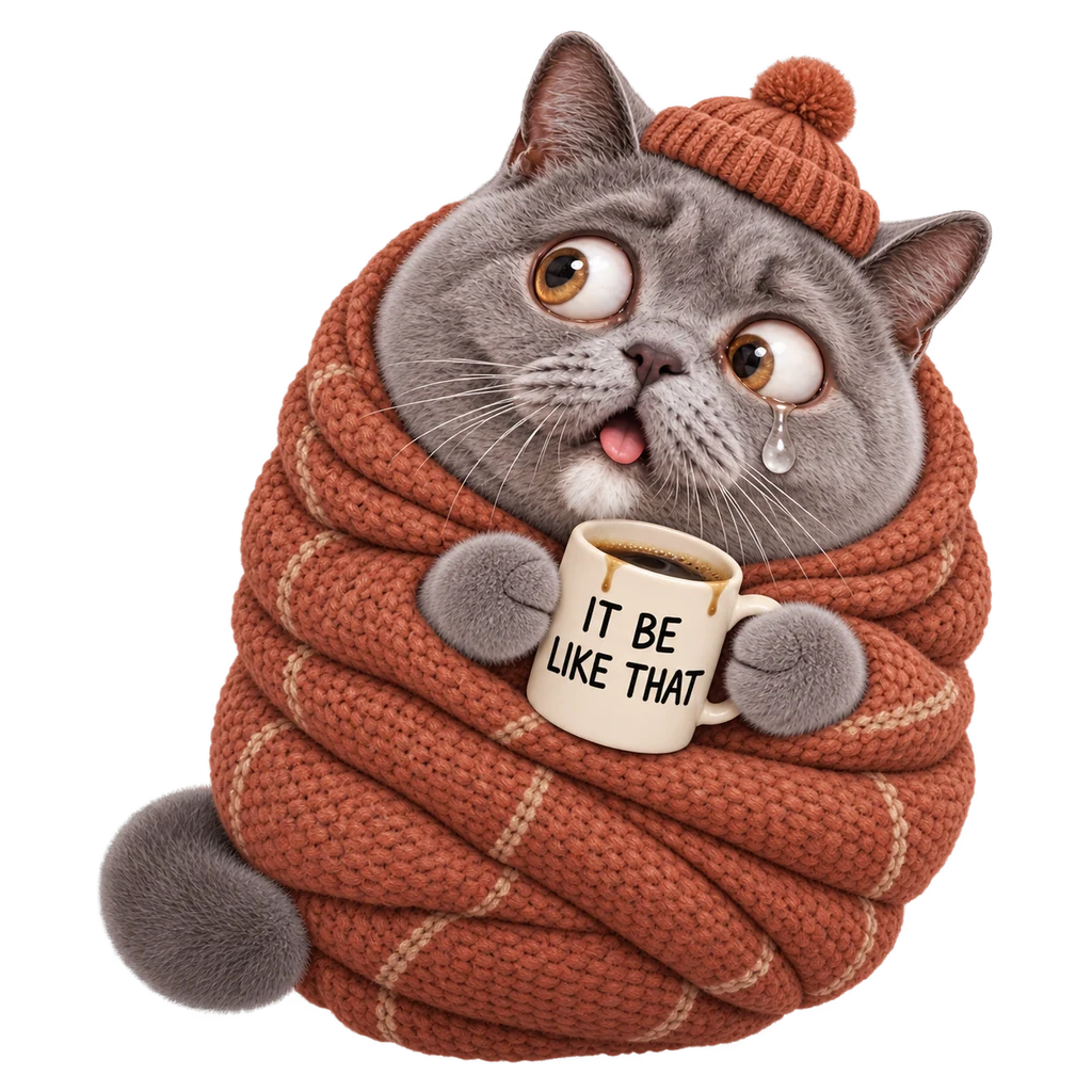Confused cat wrapped in a terracotta blanket burrito