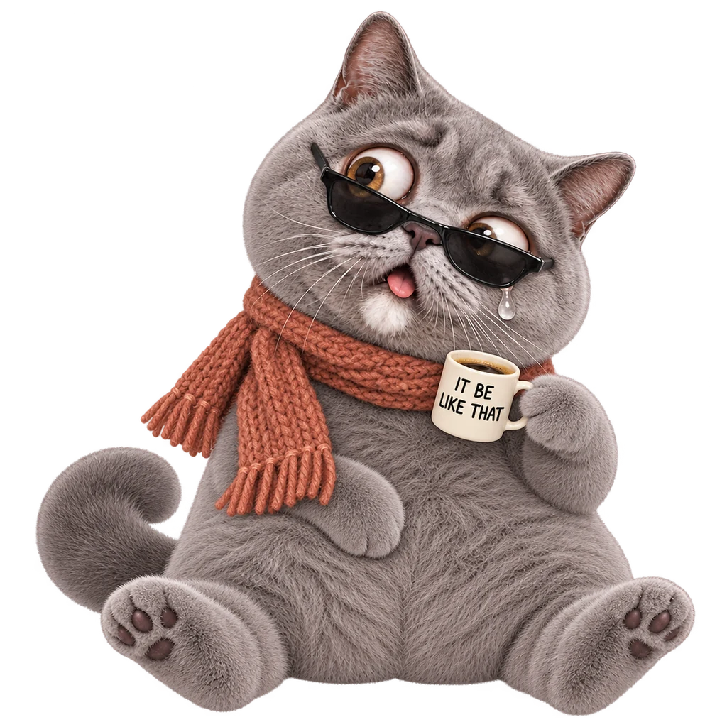 Derpy cat with crooked sunglasses, a scarf and a tiny coffee cup