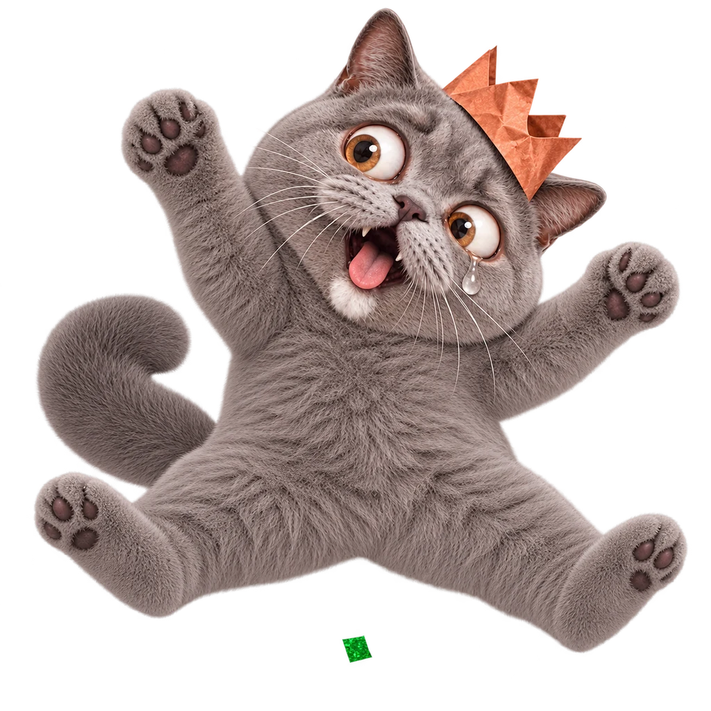 Bug-eyed cat celebrating a tiny win with a flailing star jump