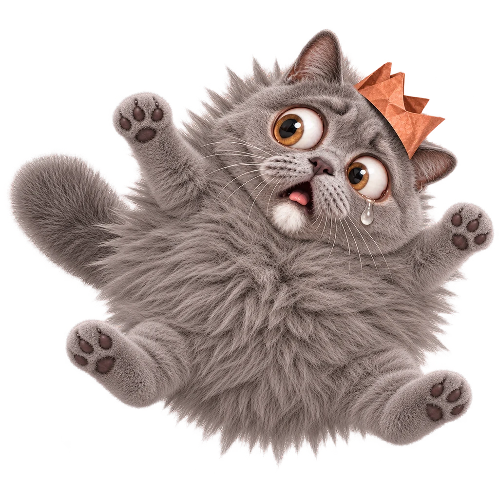 Puffed-up cat with enormous startled eyes and rigid paws