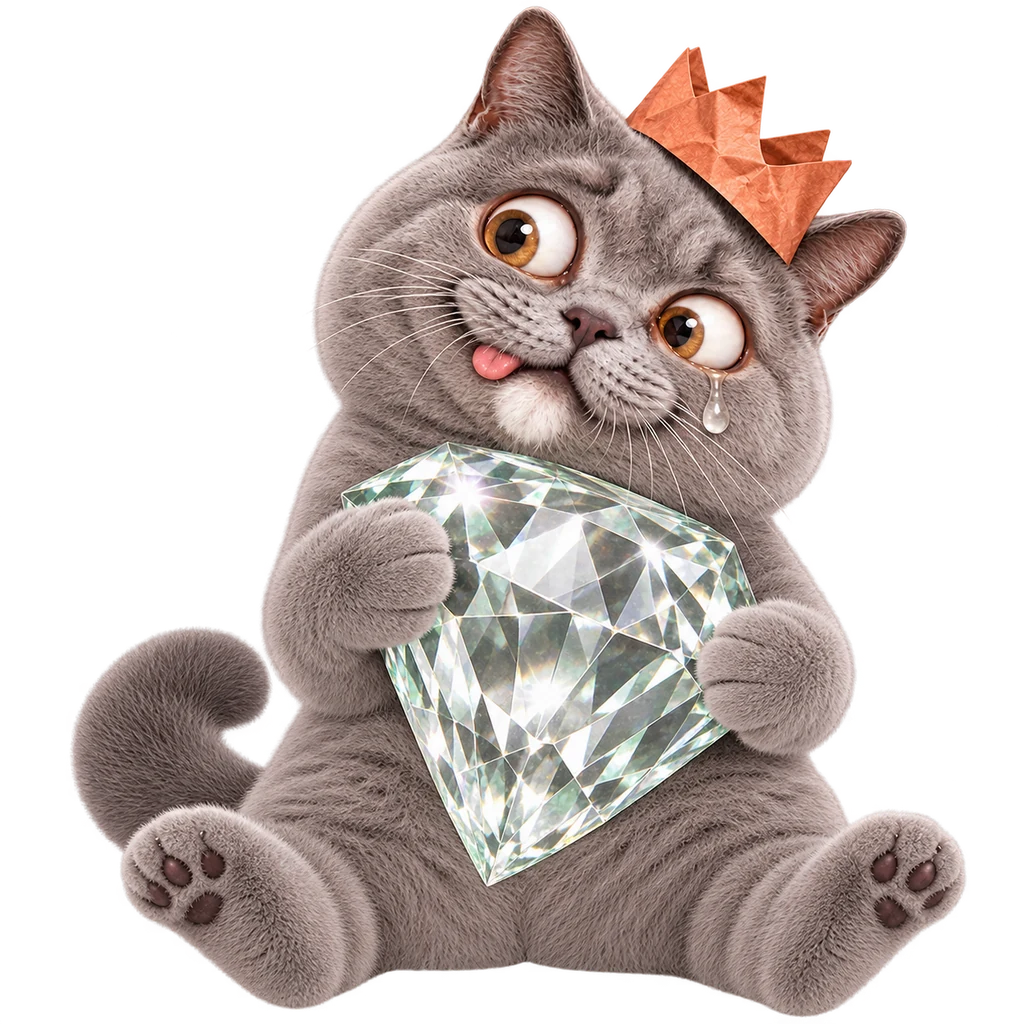 Cat clutching an enormous glass gem with misplaced confidence