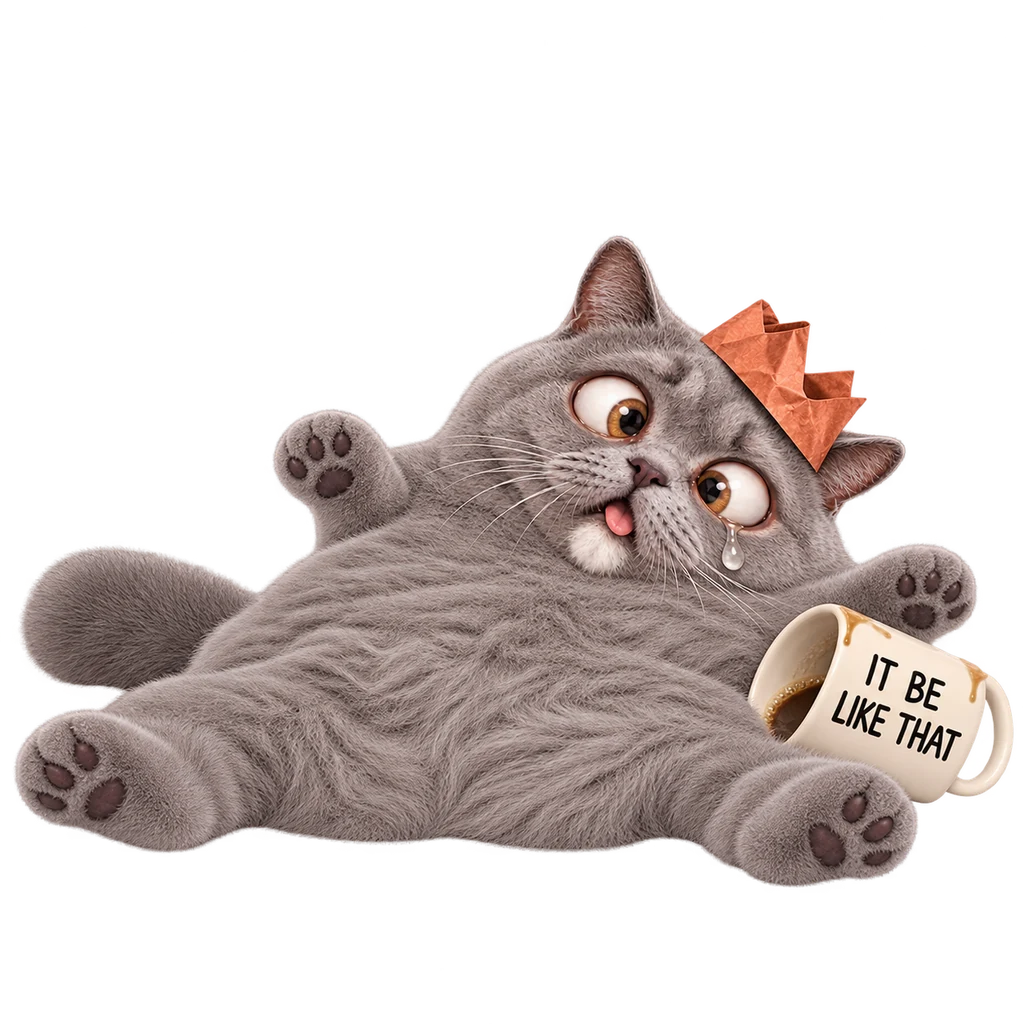 Cat flattened belly-up beside a tipped mug