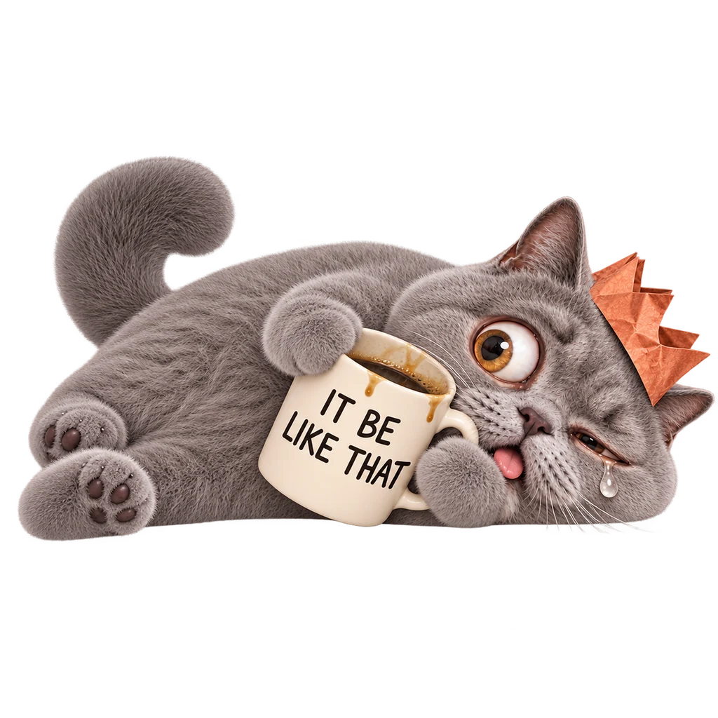 Exhausted cat squashed sideways while hugging its mug