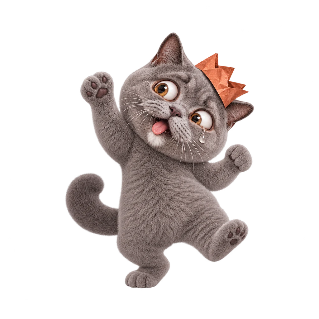 Cat doing an awkward victory dance with a slipping crown