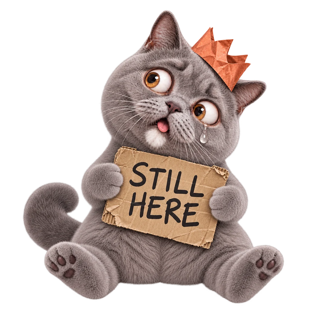 Bug-eyed cat holding a crooked STILL HERE sign