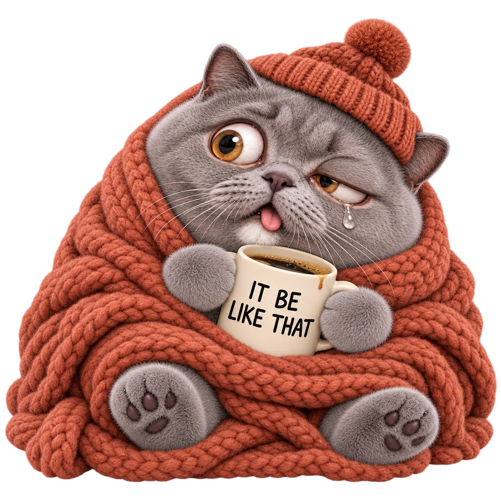 Sleepy derpy cat wrapped in a terracotta blanket and beanie