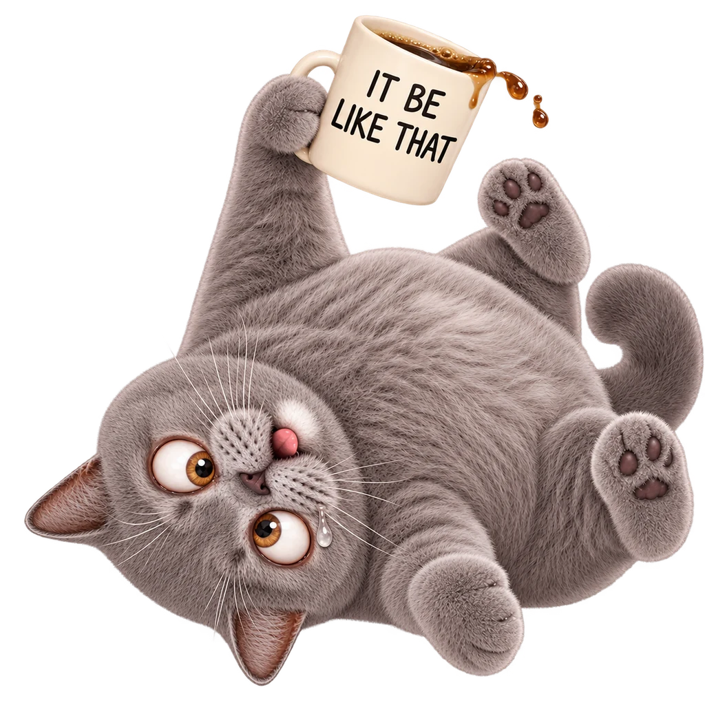 Upside-down cat with two ears raising a mug in a toast