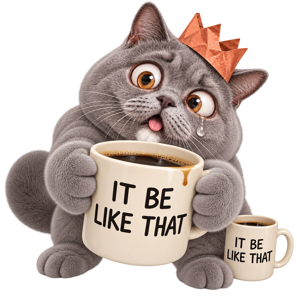 Cat offering a huge mug with a second small mug beside it