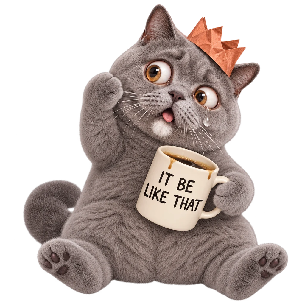 Bug-eyed grey cat in a crooked paper crown, spilling its mug with absolutely no thoughts