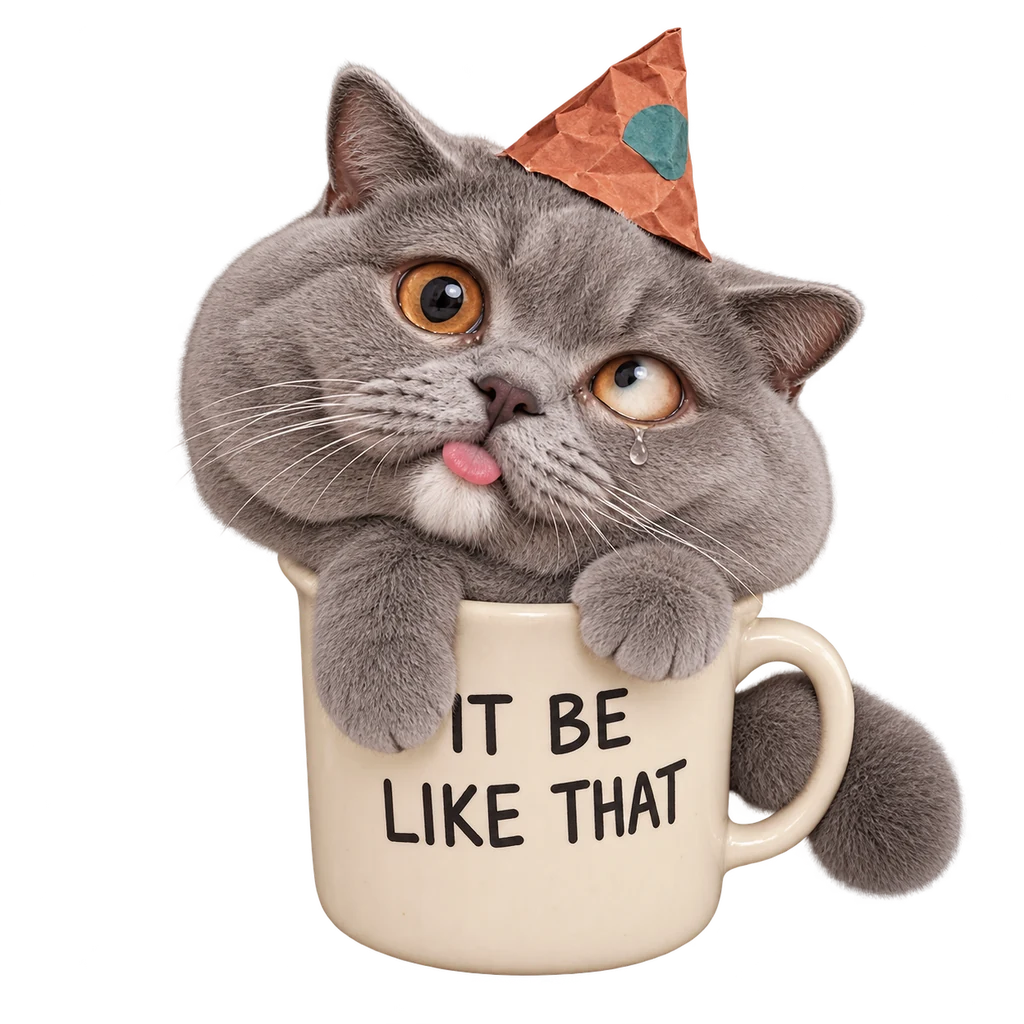 A huge confused cat head squeezed into a tiny coffee mug