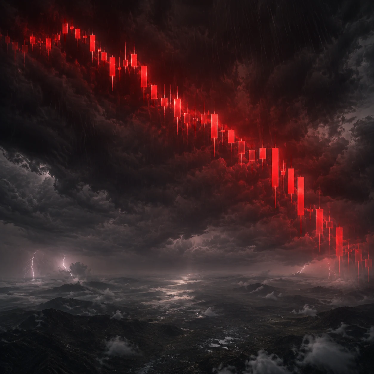 Grey rainy sky with a glowing red bearish chart in the clouds
