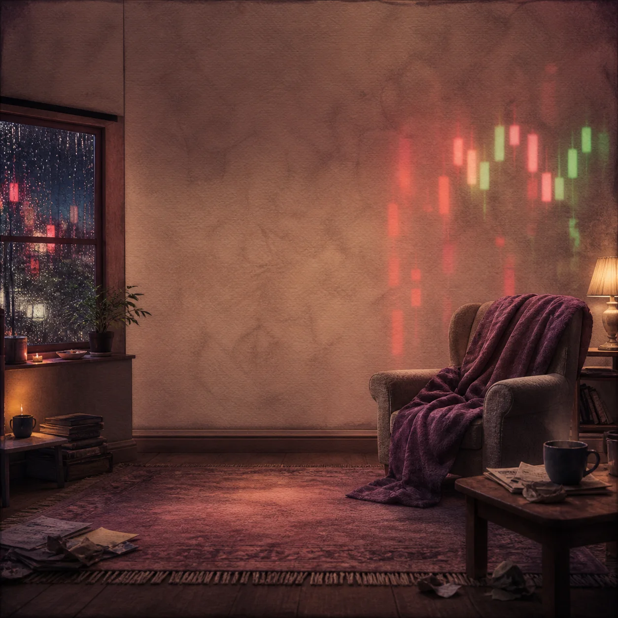 Realistic cozy sofa room lit by a projected crypto chart