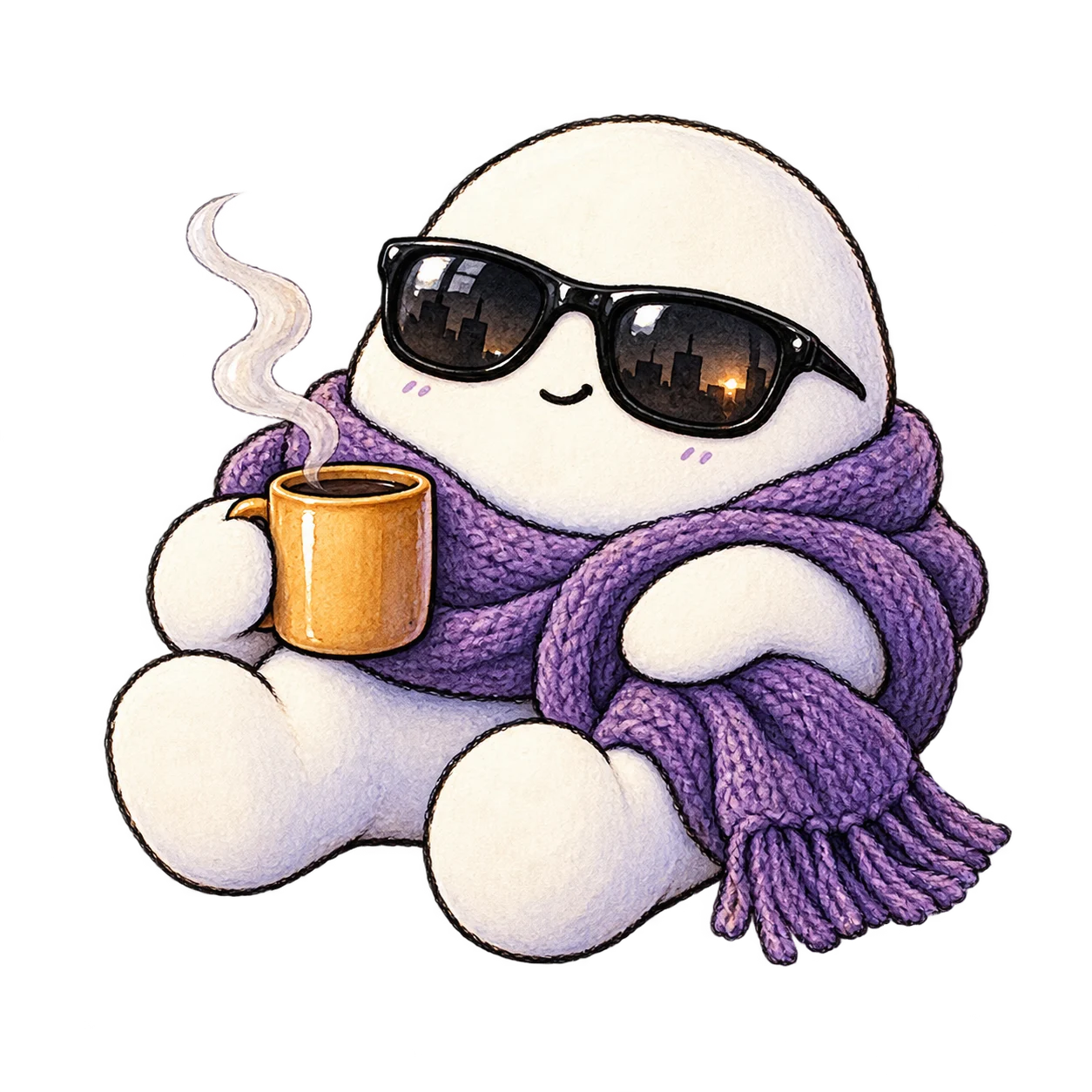 SBO mascot wearing sunglasses and holding coffee
