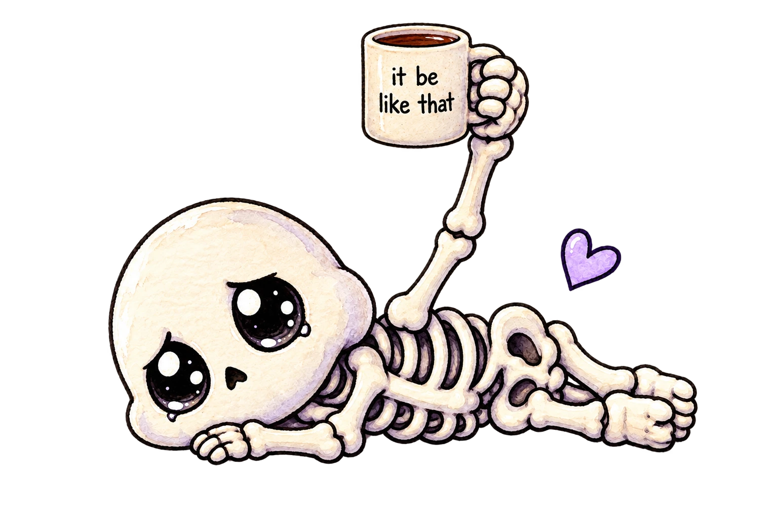 Lying skeleton raising an it be like that coffee mug