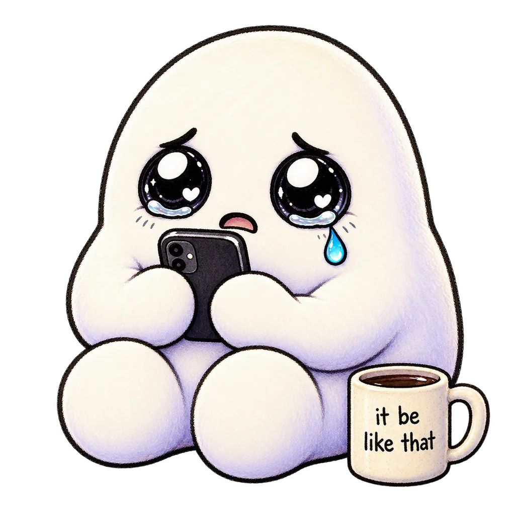 SBO mascot peeking at a phone through its fingers, mug on the floor