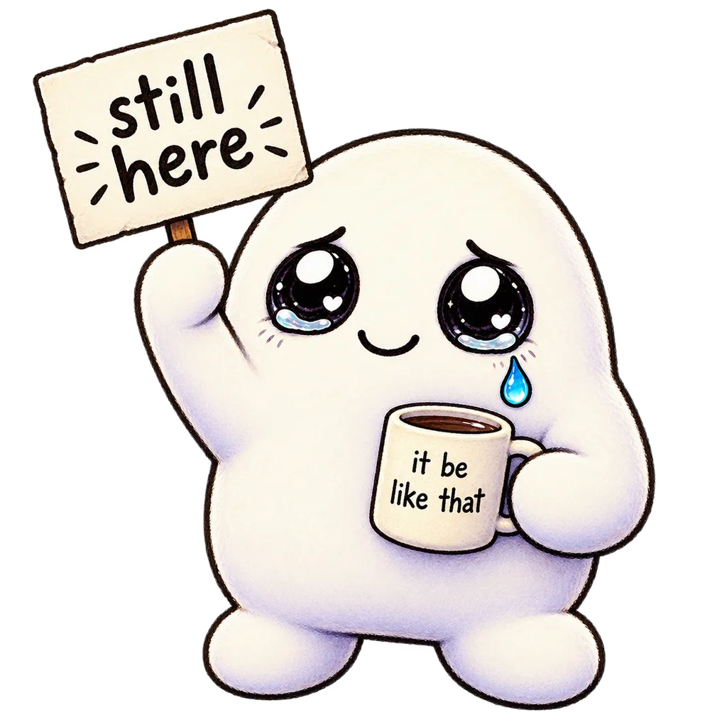 SBO mascot holding a sign that reads still here