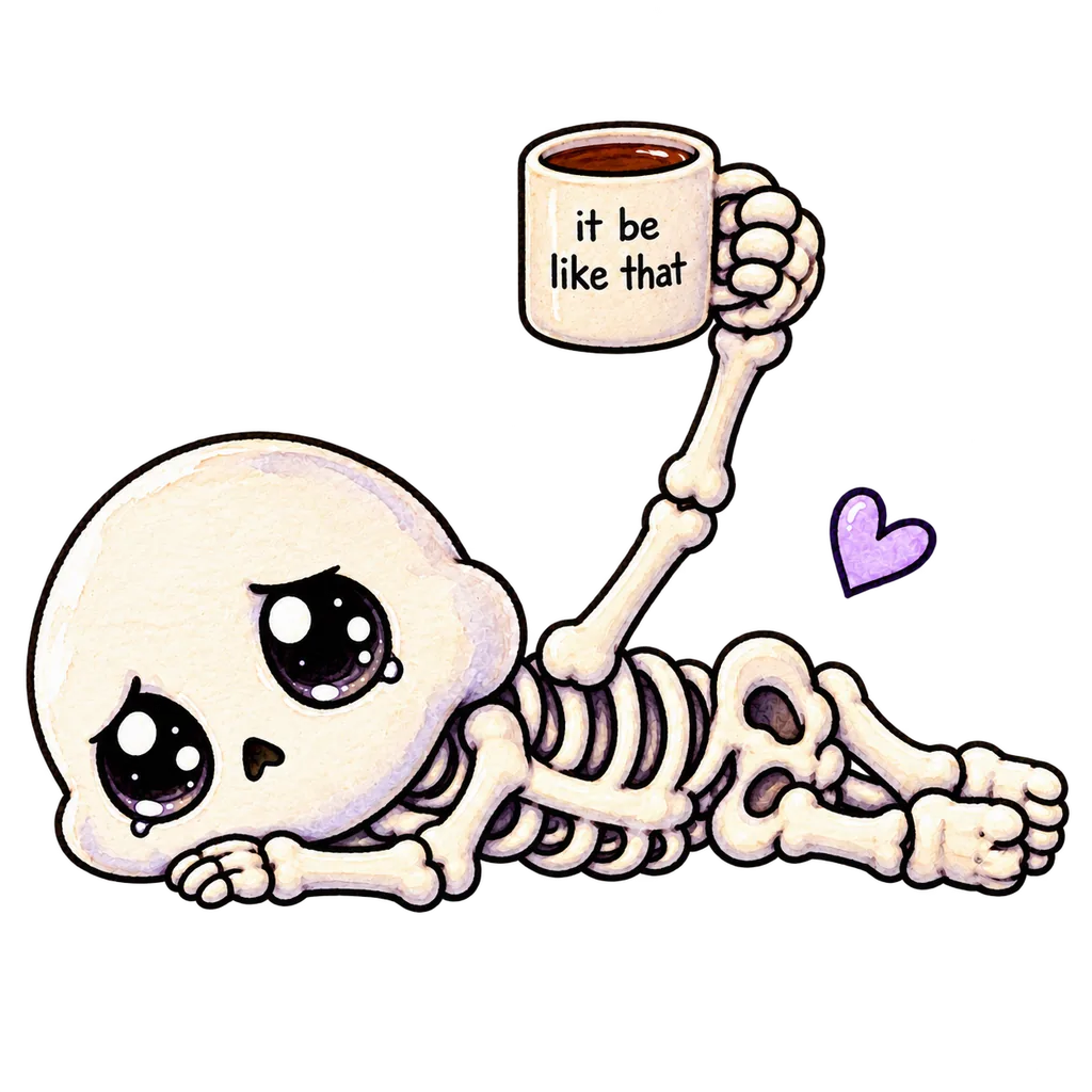 SBO mascot as a small skeleton lying down, raising the mug in a toast